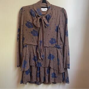 See by Chloe brown navy floral print tie neckline dress SIZE 36, 2-4